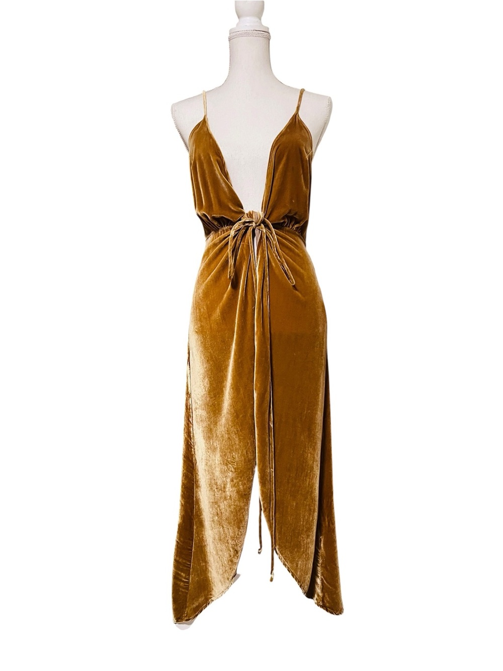 Reformation Golden Brown Velvet Look Asymmetrical Slip Dress Size XS